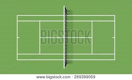 Tennis Court. Grass Cover Field. Top View Vector Illustration With Grid And Shadow