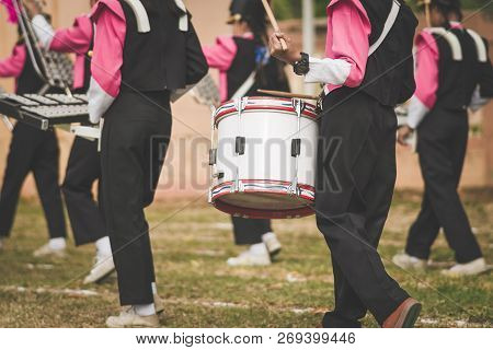 Marching Band Drummers Perform In School Parade