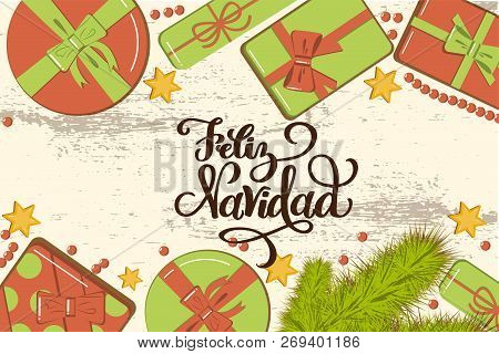 Flatlay Mockup With Fir, Bright Gift Boxes With Bow, Beads And Stars On Rustic Background With Lette
