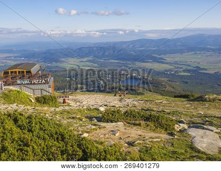 Slovakia, High Tatra Mountain, September 14, 2018: Mountain Hut Chata Pod Soliskom With View On Strb