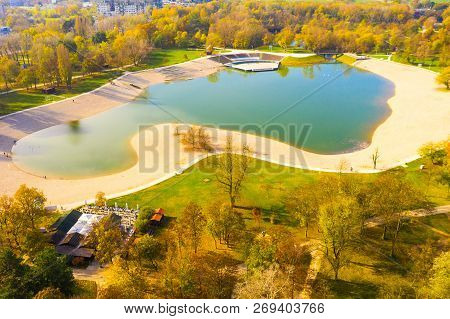 Croatia, Zagreb, Panoramic Aerial View Of Bundek Lake In Autumn