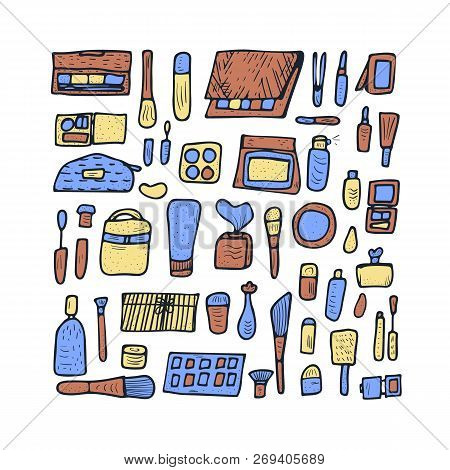 Vector Beauty Items. Set Of Doodle Style Cosmetic Tools. Makeup Collection.