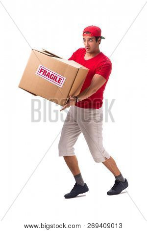 Handsome contractor holding fragile box isolated on white 