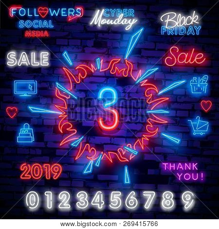 Number Three Symbol Neon Sign Vector. Third, Number Three Template Neon Icon, Light Banner, Neon Sig