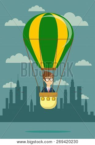 Businessman In Hot Air Balloon. Stock Flat Vector Illustration.