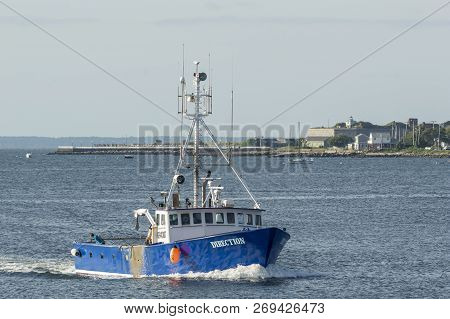 New Bedford, Massachusetts, USA - August 31, 2018: Lobster boat Direction heading into New Bedford from Buzzards Bay