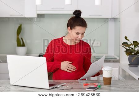 Inspired Pregnant Young Woman Own Business Company, Works On Financial Report, Does Online Survey, L