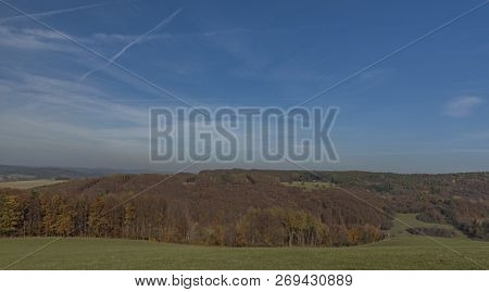 Meadows And Forest Over Pitin Town In Moravia Region Near Slovakia Border
