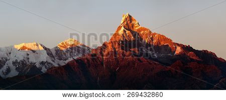 Red Colored Sunset View Of Mount Machhapuchhre, Annapurna Area, Nepal Himalayas