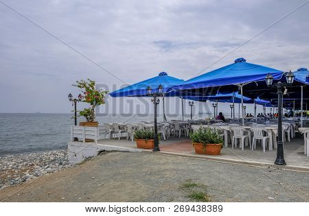 Zygi, Cyprus - June 16, 2018: Sea Front Fish Tavern In Zygi.  Taken On A Summer Day At Lunch Time An