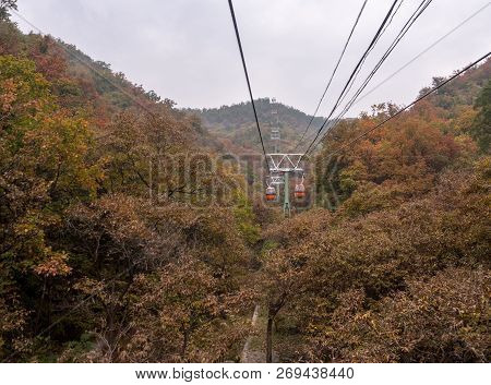 Mutianyu, China - 20 October 2018: Cable Car Ride To Great Wall Of China At Mutianyu