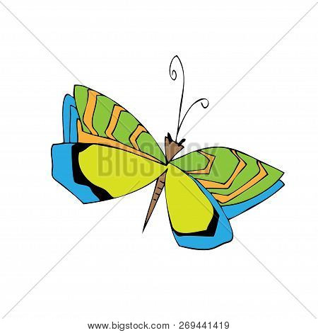 Big Cute Fly Hexapod Bug Isolated On White Backdrop. Freehand Linear Black Ink Hand Drawn Logo In Ar
