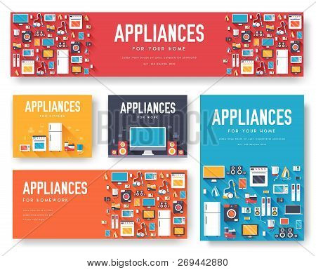 Home Appliances Cards Set. Electronics Template Of Flyear, Magazines, Posters, Book Cover, Banners. 