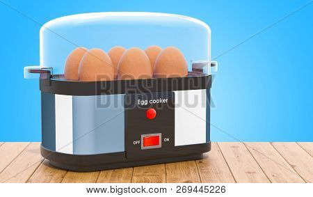 Egg Cooker Or Egg Boiler With Eggs On The Wooden Table. 3d Rendering