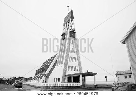 Hammerfest, Norway - January 21, 2010: Church Building On Grey Sky. Modern Architecture And Design. 