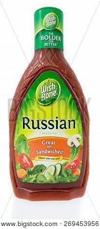 Winneconne, Wi - 11 November 2018: A Bottle Of  Wish-bone Russion Salad Dressing On An Isolated Back