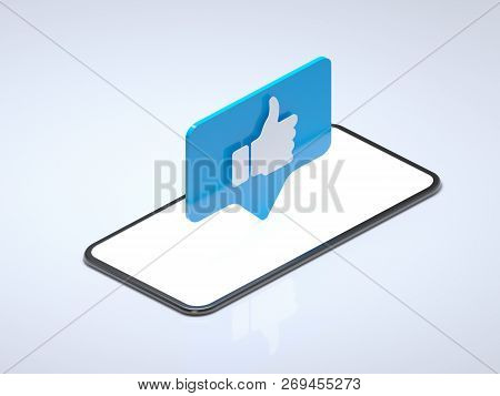 Thumb Up Like Blue Symbol On Mobile Phone Screen. Isolated Mobile Phone Is On White Background, Soci