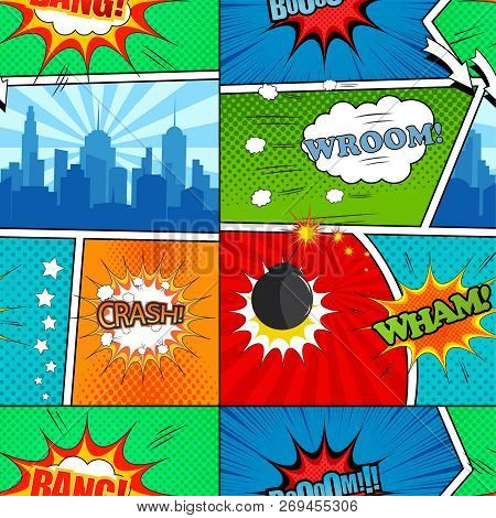 Comic Book Seamless Pattern With Wroom Wham Bang Boom Crash Wordings City Silhouette Colorful Speech