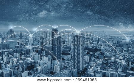 Network Connection Technology In The City, Blue Cityspace With Connection Network Lines