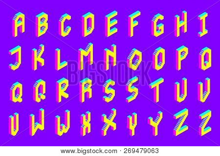Bold Colorful Isometric Pixel 3d Font. Modern Bright Uppercase Geometric Alphabet Letters Set. Stock