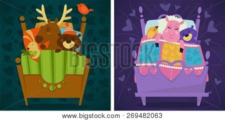 Animals Sleeping In Bed Fairytale Pets Asleep Set Vector.