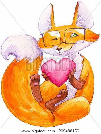 Watercolor Fox Heart And Glasses Valentine Love