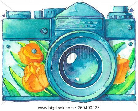 Retro Camera Tulip Design Watercolor Vintage Isolated