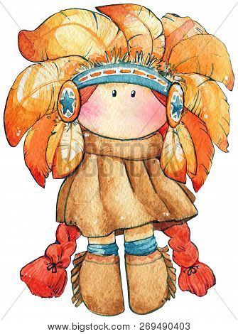 Watercolor Tilda Doll Werst Isolated Indian Navajo