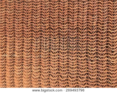 Red Pottery Tiles Or Bricks Material For Making Roof Of Chinese Style House In Full Frame Shot