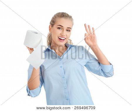 Beautiful Young Woman Holding Toilet Paper Roll On White Background