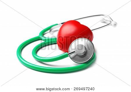 Stethoscope For Checking Pulse And Red Heart On White Background