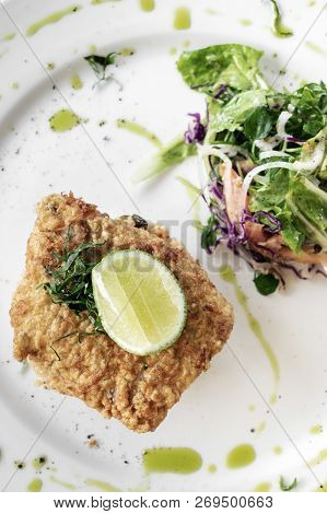 Fresh Fried Battered Cod Fish Fillet Summer Light Lunch Meal With Basque Mixed Vegetable Spicy Rice 