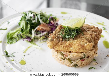 Fresh Fried Battered Cod Fish Fillet Summer Light Lunch Meal With Basque Mixed Vegetable Spicy Rice 