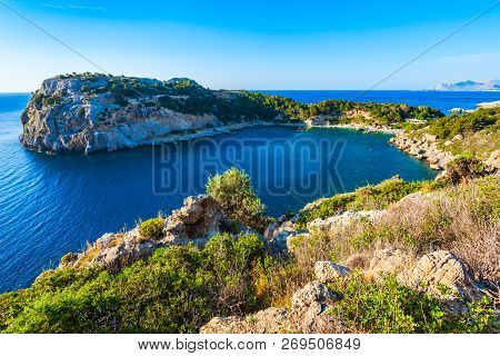 Ladiko Beach And Anthony Quinn Bay Aerial Panoramic View In Rhodes Island In Greece