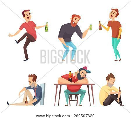 Addiction Alcoholic. Addict Peoples Alcoholism And Drugs Drinking Person Beer Vodka Whiskey Abuse Ve