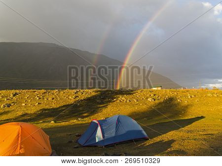 Double Rainbow Over The Tourist Camp. The Valley Of The Chuya River, Near The Village Of Chibit, Alt
