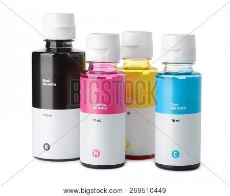 Set of printer ink bottles isolated on white