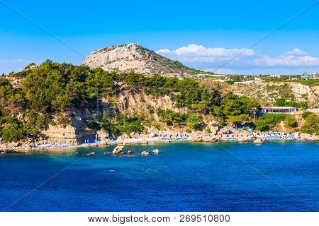 Ladiko Beach And Anthony Quinn Bay Aerial Panoramic View In Rhodes Island In Greece