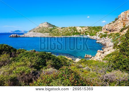 Ladiko Beach And Anthony Quinn Bay Aerial Panoramic View In Rhodes Island In Greece