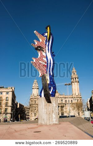Barcelona, Spain - March 18, 2018: The Head of Barcelona (La cara de Barcelona). Surrealist Sculpture by American Pop Artist Roy Lichtenstein.