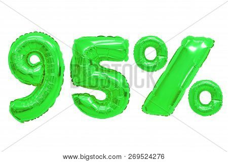 Ninety Five Percent From Green Color Balloons On Isolated Background. Discounts And Sales