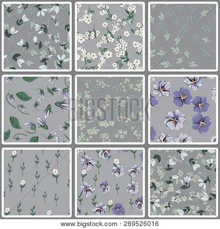 Seamless Colorful Pattern With Leaves And Bellflowers, Violet Leaves, Violaceous Flowers And Small W