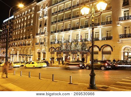 Athens Greece, December 20 2015: Night Photography Of Grande Bretagne Hotel Athens Greece With Chris