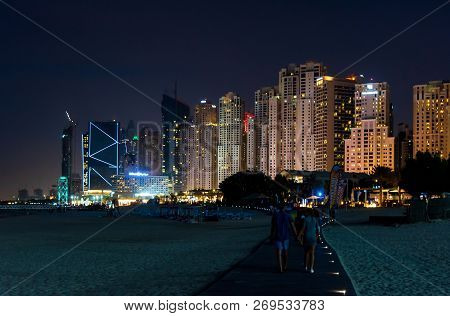 Dubai, United Arab Emirates - November 16, 2018: Night View Of Jbr, Jumeirah Beach Residence Popular