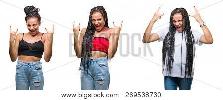 Collage of beautiful braided hair african american woman with birth mark over isolated background shouting with crazy expression doing rock symbol with hands up. Music star. Heavy concept.