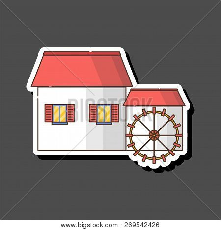 Vector Illustration With Cartoon Flat Watermill Isolated On White Background. Agricultural Building 