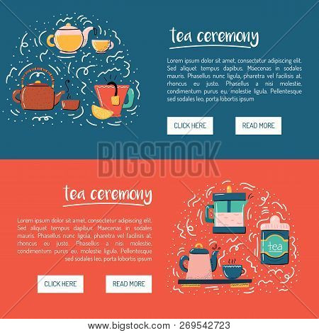 Vector Cartoon Illustration With Tea Ceremony Set: Cup, Teapot, Lemon, Tea Bags, Herbs, Sweets, Mate