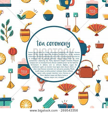 Vector Cartoon Illustration With Tea Ceremony Set: Cup, Teapot, Lemon, Tea Bags, Herbs, Sweets, Mate