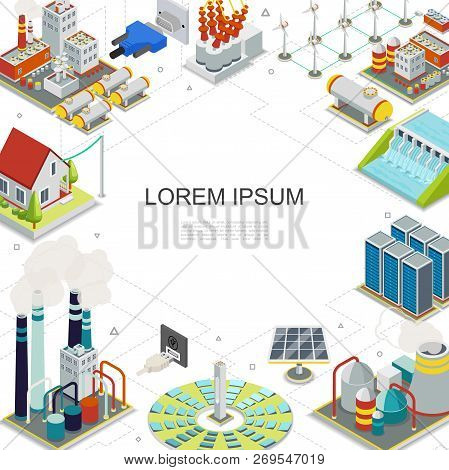 Isometric Electricity And Energy Template With Hydroelectric Geothermal Fuel Nuclear Power Stations 