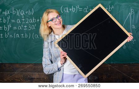 Teacher Smart Smiling Woman Hold Blackboard Blank Advertisement Copy Space. School Schedule And Info
